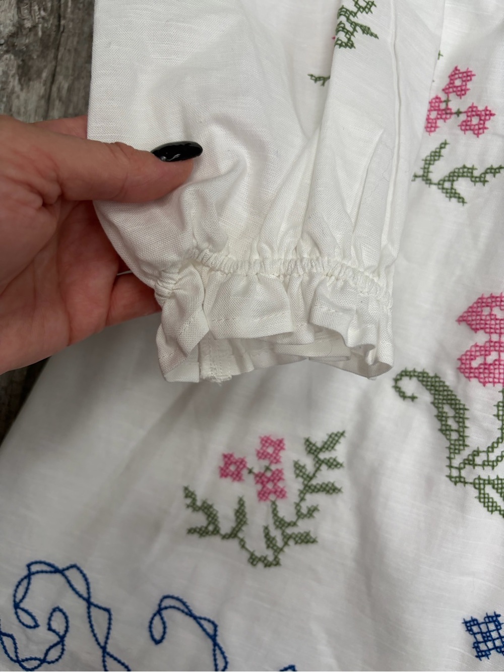 Embroidered Floral White Peasant Tunic Dress - White, Blue, Pink & Green - Picture 4 of 8